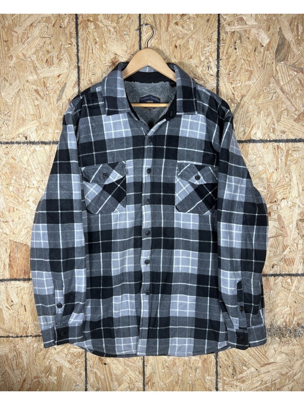 Freedom Foundry Sherpa Lined Flannel Jacket Gray Plaid Button Up Mens XXL